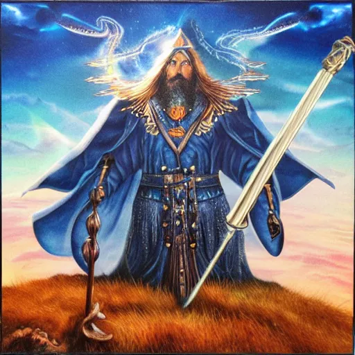 Prompt: Album Cover of wizard on a mountaintop holding a magical staff, 80’s, metal, airbrush art, High Quality, Fantasy