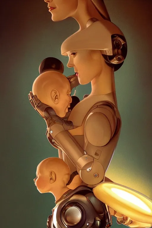 Prompt: a close-up portrait of a mother robot with her baby, dramatic backlighting, autochrome, high contrast, stop motion character, pixar and disney, highly detailed, sharp focus, digital painting, concept art, aardmsn illustration, trending on artstation, art by greg rutkowski and greg hildebrandt, composition by alphonse mucha