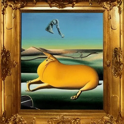 Image similar to dali surrealist painting of a giant golden rabbit in the middle of the desert