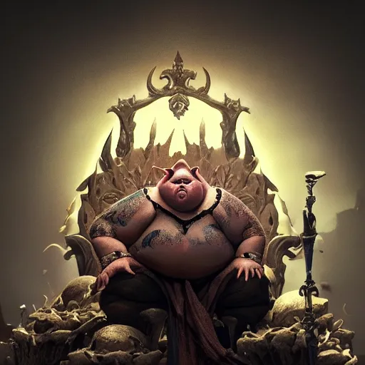 Image similar to A stunning portrait of a fat obese goblin king. He sits on a throne made of human skulls. Epic fantasy art. Award-winning on Artstation. Sharp. HD. 4K. 8K