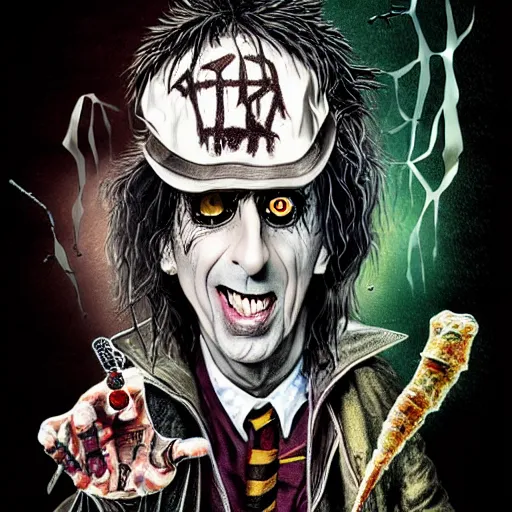 Prompt: graphic illustration, creative design, alice cooper as harry potter, biopunk, francis bacon, highly detailed, hunter s thompson, concept art