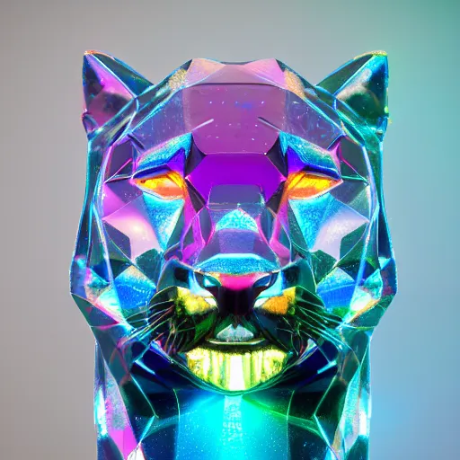 Image similar to multifaceted swarovski panther render, rainbow refraction, polished, highly reflective, porcelain, opal, quartz, diamond volumetric lighting, octane render, 8 k, photorealistic, ultra realistic