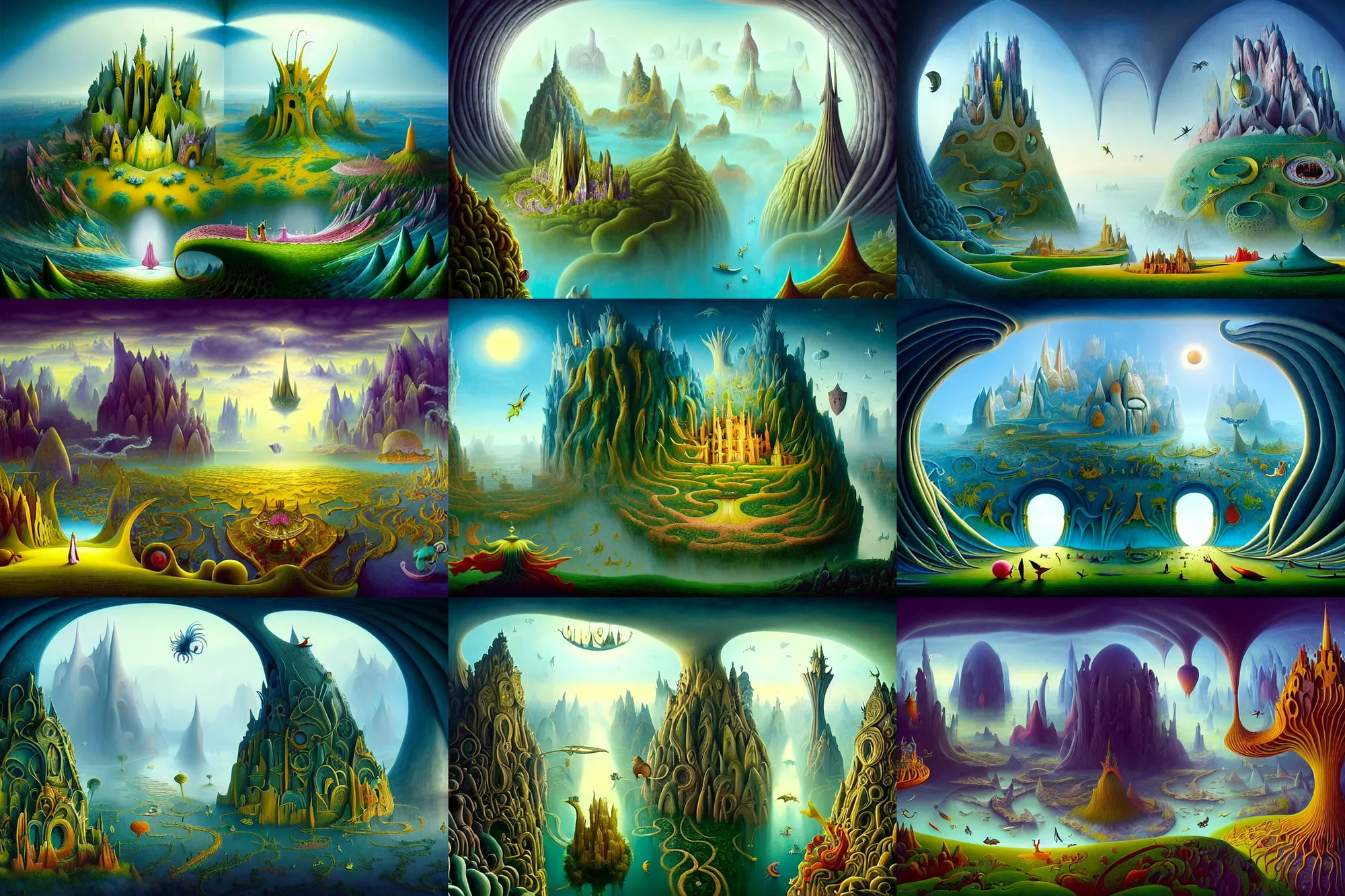 Prompt: a beguiling epic stunning beautiful and insanely detailed matte painting of windows into dream worlds with surreal architecture designed by Heironymous Bosch, dream world populated with mythical whimsical creatures, mega structures inspired by Heironymous Bosch's Garden of Earthly Delights, vast surreal landscape and horizon by Cyril Rolando and Paul Lehr and Andrew Ferez, masterpiece!!!, grand!, imaginative!!!, whimsical!!, epic scale, intricate details, sense of awe, elite, wonder, insanely complex, masterful composition!!!, sharp focus, fantasy realism, dramatic lighting