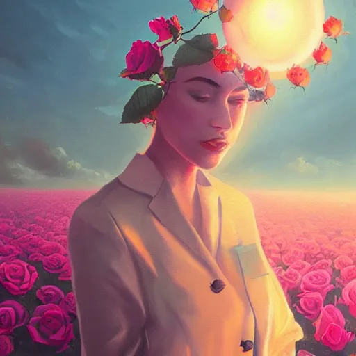 Prompt: closeup, huge rose flower on head, frontal, girl in a suit, surreal photography, sunrise, dramatic light, impressionist painting, digital painting, artstation, simon stalenhag