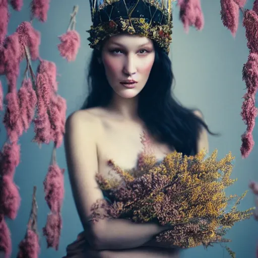 Image similar to fine art photo of bella hadid, she has a crown of dried flowers, by oleg oprisco