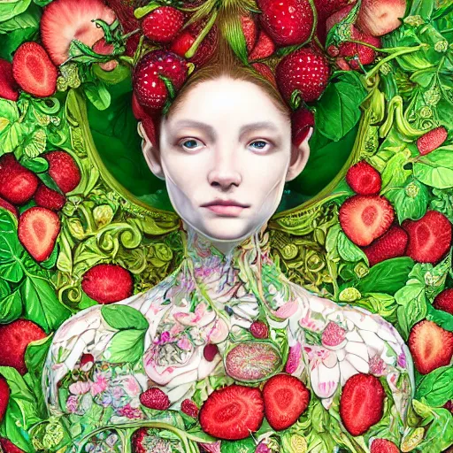 Image similar to the portrait of an absurdly beautiful, graceful, elegant, sophisticated woman made of strawberries and green petals, an ultrafine hyperdetailed illustration by james jean, kim jung gi, irakli nadar, intricate linework, bright colors, octopath traveler, final fantasy, unreal engine 5 highly rendered, global illumination, radiant light, detailed and intricate environment