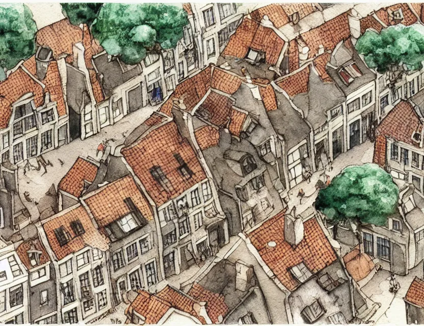 Image similar to a building in a typical dutch village. isometric aerial view. whimsical watercolor illustration by anton pieck. very detailed