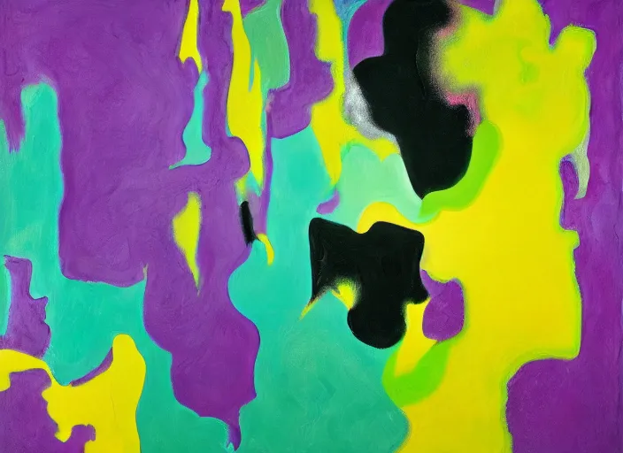 Image similar to abstract painting with beautiful shapes in purple, yellow, dark green, by hernan bas and pat steir and hilma af klint, psychological, photorealistic, dripping paint, washy brush, oil on canvas, rendered in octane, altermodern, masterpiece