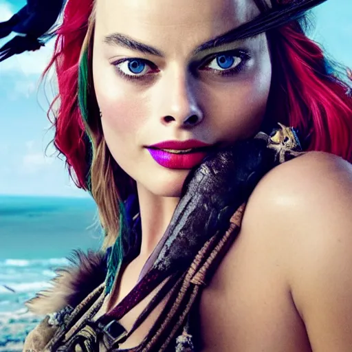 Image similar to margot robbie as a beautiful pirate with a parrot on the shoulder, realistic portrait, 8k resolution, hyper detailed, studio lighting, cinematic