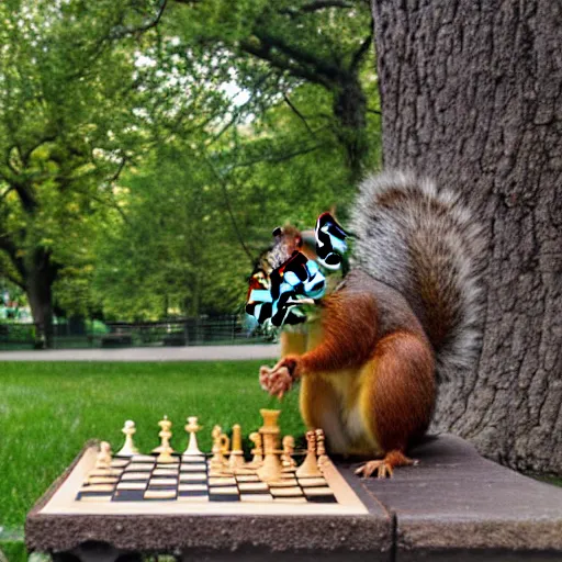 Prompt: a squirrel playing chess in the park