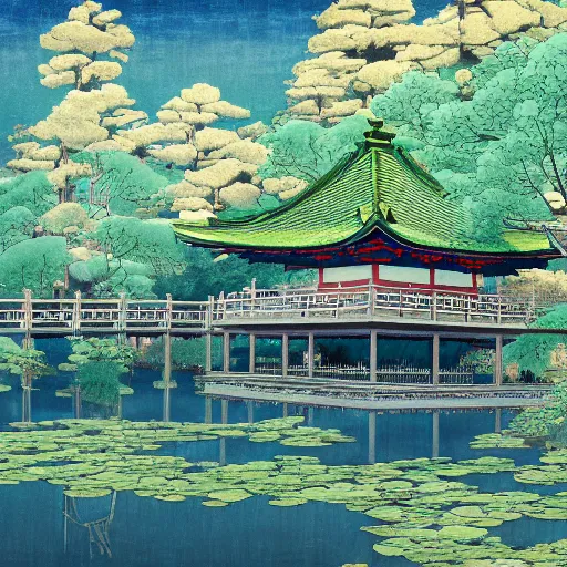 Prompt: An extremely detailed painting of a Japanese pavilion hanging over glassy waters, gardens of Weeping Willows and Japanese Stewartia, in the style of Magic the Gathering, 4k, mirror lake, highly detailed, f32, trending on artstation, by Makoto Shinkai and Hokusai and Utagawa Hiroshige