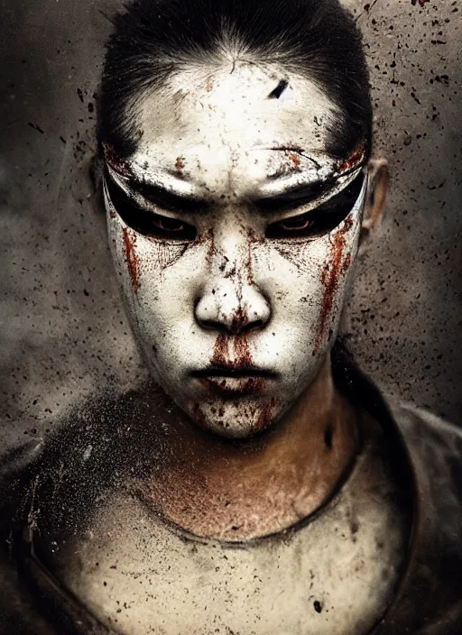 Image similar to samurai portrait photo, wearing all black mempo mask, after a battle, war scene, dirt and unclean, extreme detail, cinematic, dramatic lighting render, extreme photorealism photo by national geographic, tom bagshaw, masterpiece