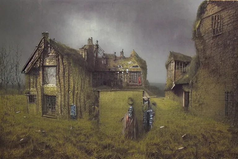 Image similar to cyberpunk, an estate agent listing photo, external view of a 5 bed countryside house in the UK, by Beksinski