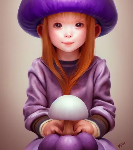 Image similar to a beautiful little girl wearing a mushroom hat sitting | | cute - fine - subtle smile, curved purple hair, face, pretty face, fine details by stanley artgerm lau, wlop, rossdraws, james jean, andrei riabovitchev, marc simonetti, and sakimichan, trending on artstation