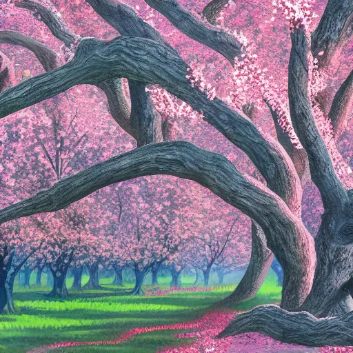 Image similar to matte painting of cherry blossoms in the trees entwining with venomous snakes