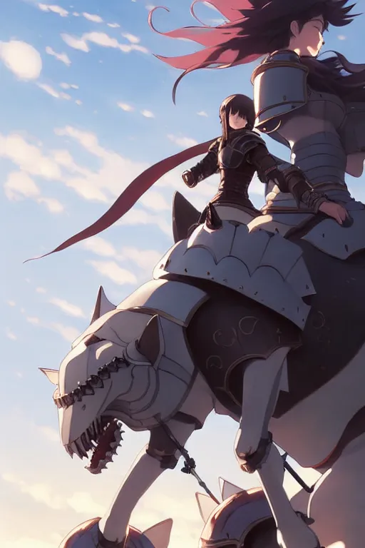 Image similar to a full body of the female knight riding a heavy armored giant cat, finely detailed features, closeup at the faces, perfect art, gapmoe yandere grimdark, trending on pixiv fanbox, painted by greg rutkowski makoto shinkai takashi takeuchi studio ghibli, akihiko yoshida