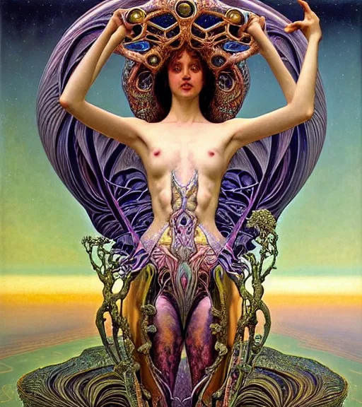 Image similar to detailed realistic beautiful young groovypunk queen of andromeda galaxy in full regal attire. art nouveau, symbolist, visionary, baroque, giant fractal details. horizontal symmetry by zdzisław beksinski, iris van herpen, raymond swanland and alphonse mucha. highly detailed, hyper - real, beautiful