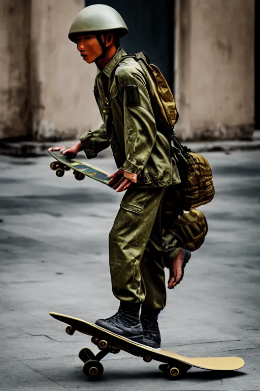 Image similar to vietnam soldier playin skateboard, photorealistic, smooth, 4 k, aesthetic lighting, baroque object, hyperdetailed, professional photography, pullitzer winning, photo by : canon eos 5 d mark iv, by karah mew and adnan abidi