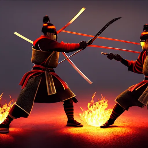 samurai fight with fire in the background