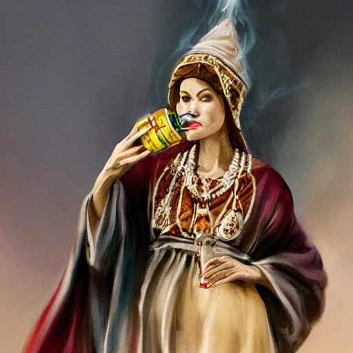 Image similar to a beautiful priestess holding an ornate bottle pouring smoke, concept art