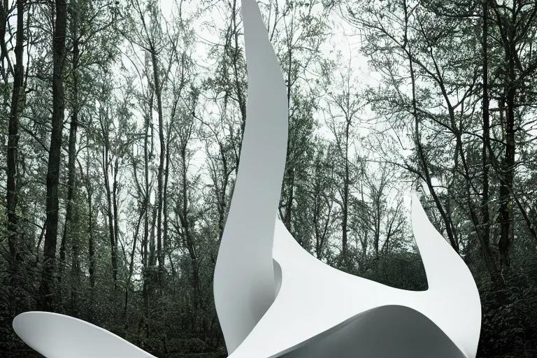 Prompt: a white sculpture designed by Zaha Hadid in a forest, dramatic lighting, trending on Artstation, 8k, photorealistic, hyper detailed, unreal engine 5, IMAX quality, cinematic, epic lighting, in the style of Greg Rutkowski