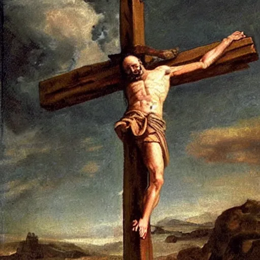 Image similar to donald trump crucified in the style of christ crucified diego velazquez, a painting of donald trump being crucified