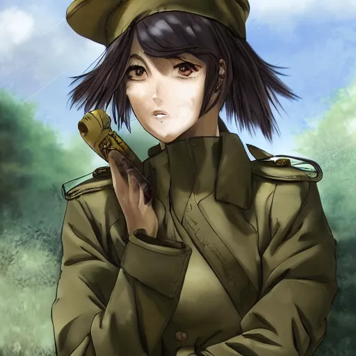 Prompt: manga style, smooth coloring, side portrait of a girl, trench and sandbags in background, realistic soldier clothing, realistic anatomy, miura kentaro