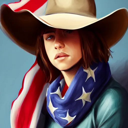 Prompt: a portrait of a teenager with a cowboy hat on with an American flag scarf, D&D, sci-fi, elegant, hopeful, muscular, highly detailed, digital painting, artstation, concept art, smooth, sharp focus, illustration