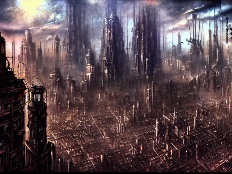 Image similar to landscape of a steampunk metropolis, full of skyscrappers, buildings, robotic angel creatures, gritty, dirty, rusty, matte painting, by hayao miyazaki