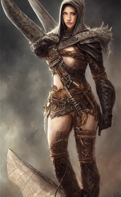 Prompt: a hooded female ranger, d & d, full body, 8 k, hyperrealistic, dragon slayer, hyperdetailed, fantasy portrait by laura sava