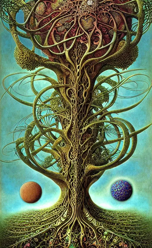 Image similar to tree of life by roger dean and andrew ferez, art forms of nature by ernst haeckel, divine chaos engine, symbolist, visionary, art nouveau, botanical fractal structures, organic, detailed, realistic, surreality