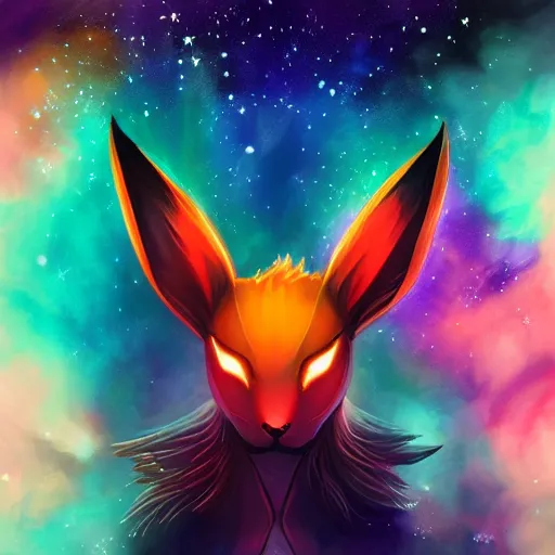 Prompt: geometric symmetrical flareon with galaxy eyes in space, nebula in the background, intricate, elegant, highly detailed, digital painting, artstation, concept art, smooth, sharp focus, illustration, art by artgerm