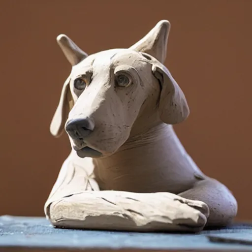 Prompt: sitting dog made of clay on top of a wooden table