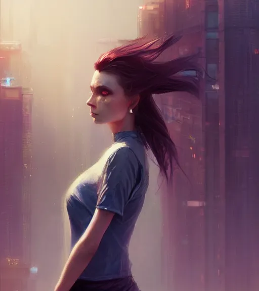 Prompt: girl on a rooftop, cyberpunk, medium shot, realistic detailed face, wearing a shirt, by charlie bowater, by wlop, by jeremy lipking, expressive oil painting, portrait, digital art, photorealistic model shoot, realistic body
