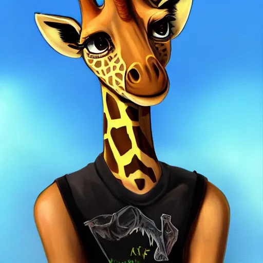 Image similar to Beautiful portrait digital painting, oil painting, anthro anthropomorphic giraffe androgynous , at a lake anarchist anarcho-punk Punk Punk outfit. furaffinity, artstation