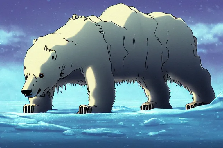 Image similar to cell shaded cartoon of a giant lovecraftian mechanized polar bear from howl's moving castle ( 2 0 0 4 ), wading through an icy river, full body, wide shot, very muted colors, post grunge, studio ghibli, highly detailed, deviantart, art by artgem