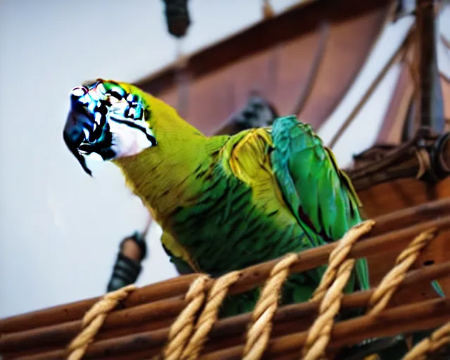 Image similar to low angle photo of a parrot on a pirate ship, rule of thirds, depth of field