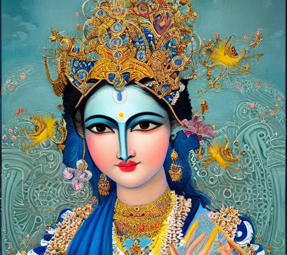 Prompt: breathtaking detailed concept art painting art deco pattern a beautiful krishna with blue skin on sitted on an intricate metal throne, hands pressed together in bow, light - blue flowers with kind piercing eyes and blend of flowers and birds, by hsiao - ron cheng and john james audubon, bizarre compositions, exquisite detail, extremely moody lighting, 8 k h 1 0 2 4