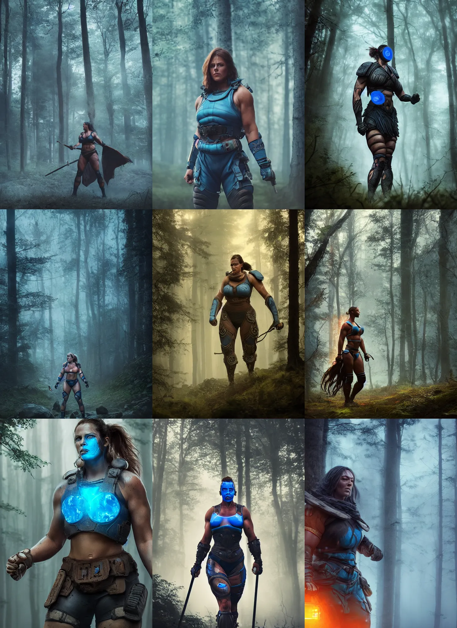 Prompt: big muscular female warrior with glowing blue eyes, apex legends, forest plains of yorkshire, misty forest, mcu concept art, good value control, digital painting, sharp focus, rule of thirds, 4k, centered, magic hour photography, atmospheric, moody colors