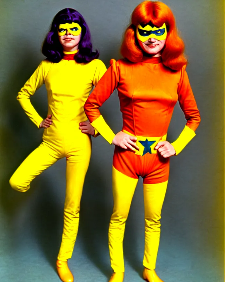 Prompt: new marvel superhero named captain marigold, not cropped, orange and yellow costume, 1 9 7 0 s photo