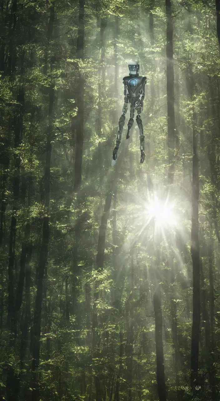 Image similar to a robot portrait in a movie, forest, cinematic shot, sun beams