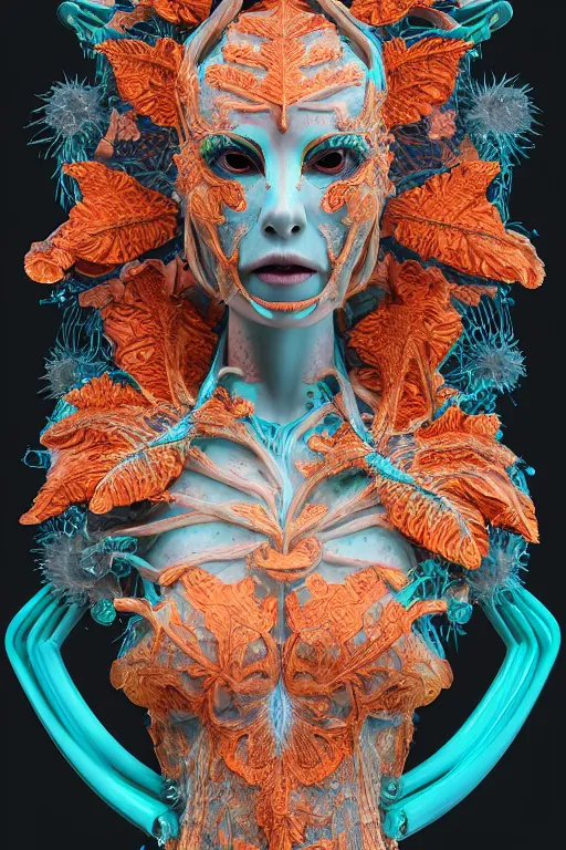 Prompt: cinema 4d colorful render, organic, dark scene, ultra detailed, of a porcelain beautiful grimes face. biomechanical, analog, macro lens, hard light, big leaves and large orange Dragonflies, stems, roots, fine foliage lace, turquoise gold details, high fashion haute couture, art nouveau fashion embroidered, intricate details, mesh wire, mandelbrot fractal, anatomical, facial muscles, cable wires, elegant, hyper realistic, in front of dark flower pattern wallpaper, ultra detailed