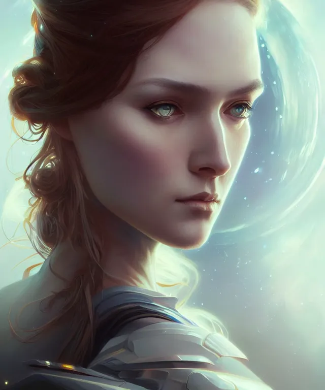 Image similar to futuristic young woman portrait, sci-fi, amber eyes, face, long hair, fantasy, intricate, elegant, highly detailed, digital painting, artstation, concept art, smooth, sharp focus, illustration, art by artgerm and greg rutkowski and alphonse mucha