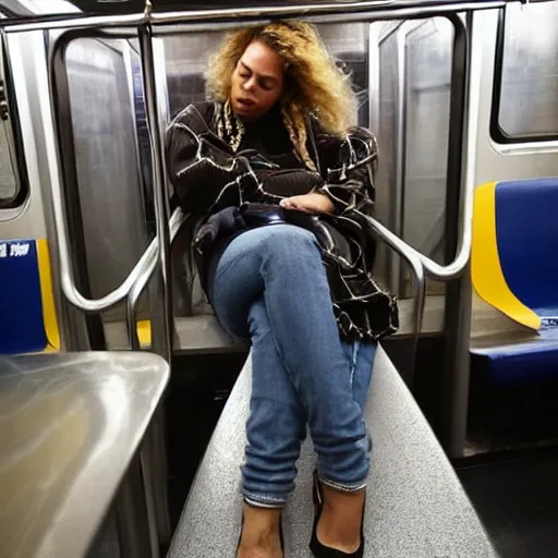 Image similar to beyonce asleep riding the subway late at night