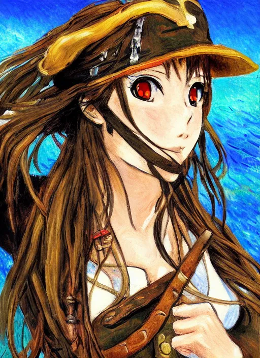 Image similar to a portrait of a female pirate, camouflage uniform, very anime in impressionist style, anime trending artwork, anime painter studio, by claude monet