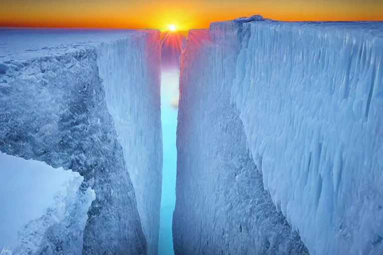 Image similar to areal view of a gargantuan ice wall, spanning a continent, fantasy, digital art, brilliant, sunrise