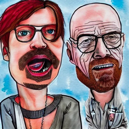 Prompt: Jessy Pinkman and Walter White in the style of Ralph Steadman