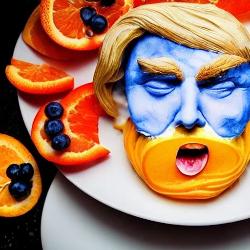 Prompt: edible donald trump made of lemon skin for hair, cake and orange pieces for the face, blueberries and whipped cream for the suit, from the beautiful'food art collection ', dslr