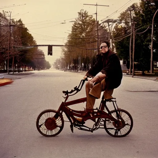 Prompt: a man riding a walrus powered bicycle prototype, kodachrome, 3 5 mm f 1. 4 lens, depth of field, dramatic lighting, masterpiece