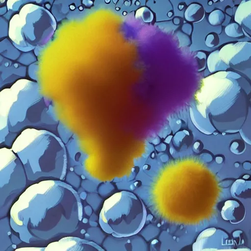 Image similar to russian fluffy hell pollen atom bomb, by jeff koons and lawren harris, ambient occlusion, speedpainting